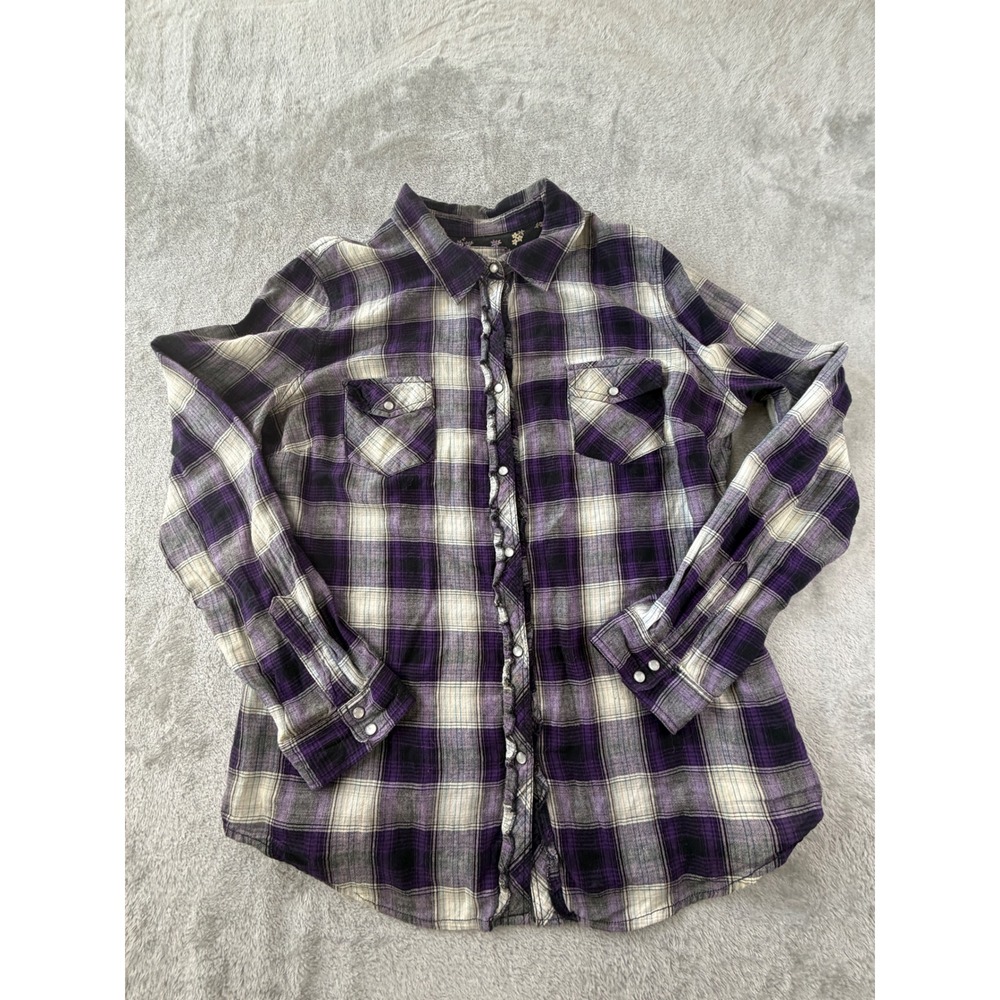 Arizona Jean Co Plaid Button Down Women XL Purple Ruffle Front Long Sleeve Shirt